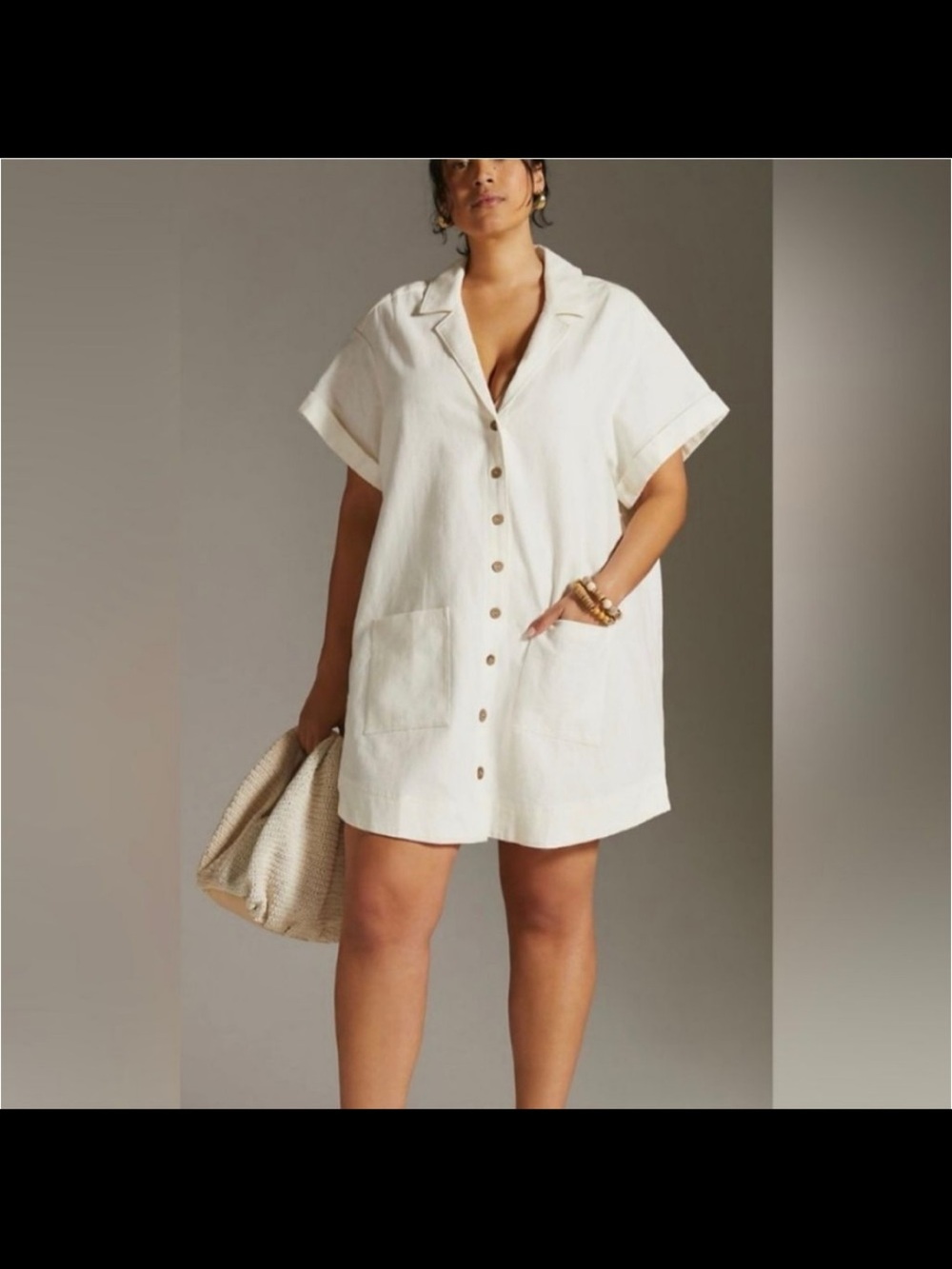 Pilcro Dress - “Mod Button-Down Linen Mini Shirt Dress” off white cotton/linen